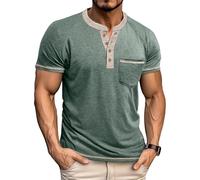 Henley Shirt Herren Kurzarm Sommer Tshirt mit Tasche Basic Oberteile Slim Fit Klassisch Hemd atmungsaktiv Leicht Oberteil Business Freizeithemd für den Alltäglichen Patchwork Streetwear, O Verde, XL