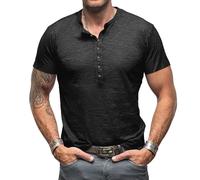 Henley Shirt Herren Kurzarm T-Shirts für Herren V-Ausschnitt Vintage Slim Fit Kurzarm Knopf T-Shirt M-3XL, Negro , XXL
