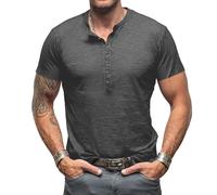Henley Shirt Herren Kurzarm T-Shirts für Herren V-Ausschnitt Vintage Slim Fit Kurzarm Knopf T-Shirt M-3XL, gris, XXL