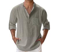 Henley Shirt Herren V Neck Button Down Leinenhemden mit Taschen Vintage Kokosnussbaum Print Stranshirts Musselin Pure Farbe Freizeit Shirts Lockere Poloshirt, X01 gris, 3XL
