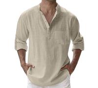 Henley Shirt Herren V Neck Button Down Leinenhemden mit Taschen Vintage Kokosnussbaum Print Stranshirts Musselin Pure Farbe Freizeit Shirts Lockere Poloshirt, X01 caqui., M