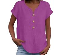 Henley Shirt V Ausschnitt Damen Rot Kurzarm Leinm,Leinen T-Shirt mit V-Ausschnitt Damen Mit Kerbkragen Henley Shirt Leinenshirt Blusenshirt Freizeithemd Leicht Und luftig Freizeithirt Sommershirts