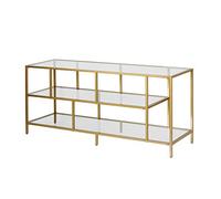 Henn&Hart Soporte de TV para televisores de hasta 60 pulgadas con parte superior de cristal y 2 estantes de cristal abiertos para sala de estar, habitación familiar u oficina, color dorado