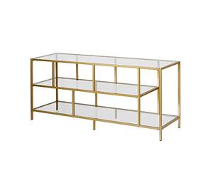 Henn&Hart Soporte de TV para televisores de hasta 60 pulgadas con parte superior de cristal y 2 estantes de cristal abiertos para sala de estar, habitación familiar u oficina, color dorado