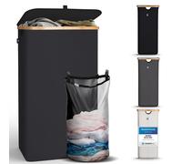 Hennez Cesto Ropa Sucia Con Tapa de 100L de Color Negro - Cubo Ropa Sucia con Tapa y Bolsa Extraíble - Cesta Ropa Sucia Plegable para la Colada y el Baño - Pongotodo y Organizador Grande de Bambu