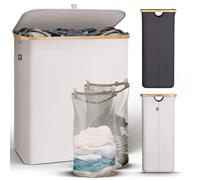 HENNEZ - Cesta de lavandería sucia de 140 L para la familia - Cesta de ropa sucia con 2 compartimentos/bolsa - Cesta de lavandería plegable, tapa, asas de bambú