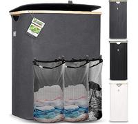 HENNEZ Cesta Ropa Sucia con Tapa Plegable y Bolsas Ropa Extraíble 150 l Gris- Cesto Ropa Sucia Estrecho Grande Bambú 3 compartimentos - Cesta para la Colada Laundry Basket