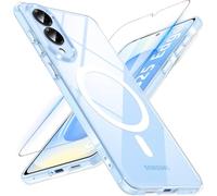 Hensinple Magnética Funda para Samsung S25 Edge con Cristal Templado, Compatible con MagSafe, Antigolpes Translúcido Mate Trasera Resistente a los Arañazos, Transparente