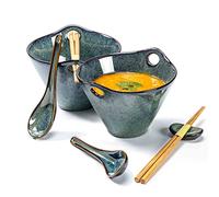 Henten Home Cuencos Sopa, Cuenco de Fideos Vintage de 600 ml, Tazón Ramen de Porcelana con Cuchara y Palillos, Juego de Cuencos Ramen Japonés de 2 para Fideos Asiáticos Udon Soba Pho - Verde
