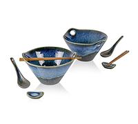 Henten Home Tazones de Ramen Cerámica, 2 Juegos (8 Piezas) Juego de Tazones Sopa con Cuchara para Palillos y Soporte para Palillos - 600 ml, Tazón para Cereales, Pasta, Surtido, Sopa, Udon