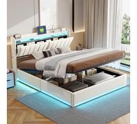 Henunem - Cama de 140 × 190 con LED y puertos USB, cabecera con estantes abiertos y almacenamiento oculto, camas para 2 personas con hidráulica, somier de láminas, terciopelo, color beige