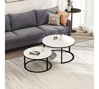 Henunem Juego de 2 mesas de café redondas de mármol, mesa auxiliar con marco de metal, mesas de café modernas para salón o dormitorio (negro-01)