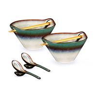 HENXFEN LEAD Juego de 2 cuencos de cerámica japonesa de 780ml con palillos y cuchara para sopa, ensalada, pasta, cereales y fideos - Verde