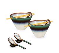 HENXFEN LEAD Juego de 2 cuencos de porcelana de 600ml con palillos y cuchara para sopa, ensalada, pasta, cereales y fideos - Verde