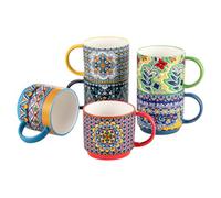 HENXFEN LEAD Juego de 6 tazas de porcelana de 12 onzas con asa, apilables, coloridas para café con leche, capuchino, cacao, estilo bohemio