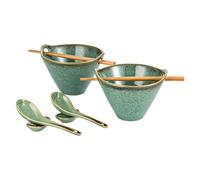 HENXFEN LEAD Tazón de ramen japonés, 2 unidades, 600 ml, juego de cuencos de cerámica con palillos, cuchara y cuchara, verde brillante