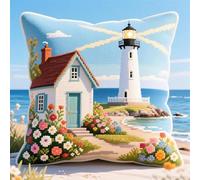 Henypt 11 CT Kit De Cojín De Punto De Cruz,Cabañas con temática floral y faros junto al mar,Kits De Punto De Cruz Estampados Para Adultos, Bordado Artesanal Con Tela Impresa
