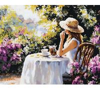 Henypt 11CT Bordar Kit Principiantes,Una niña tomando té en el jardín. Kits De Punto De Cruz Patrones Fáciles,Suministros De Punto De Cruz,Para Regalos De Principiantes,30x40cm