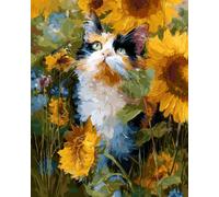 Henypt 11Ct Kit Punto A Croce Timbrato Un Gato Tricolor En Medio De Un Campo De Girasoles. Fai-Da-Te Ricamo Linea Completa Di Kit Iniziali Per Ricamo Prestampato Per Principianti