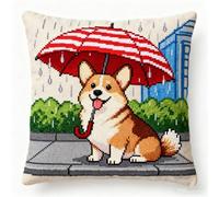Henypt Kit Punto De Cruz Cojines Animal Corgi Sosteniendo Un Paraguas 11Ct Kit De Punto De Cruz Cojín Kits De Bordado De Almohadas Para Principiantes, Decoración Para Sala De Estar Dormitorio 45x45cm