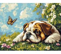 Henypt Kit Punto de Cruz Completo Tela Impresa,Bulldog inglés y mariposa 12x16in 11ct Cross Stitch Embroidery Kit Principiantes para DIY Decoracion Hogar,Cadeau d'anniversaire