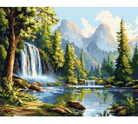 Henypt Kit Punto de Cruz Completo Tela Impresa,Paisaje natural de bosque con cascada 12x16in 11ct Cross Stitch Embroidery Kit Principiantes para DIY Decoracion Hogar,Cadeau d'anniversaire