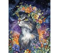 Henypt Kit Punto De Cruz Con Hilos Y Tela Impresa Gato Con Un Sombrero De Corona Floral Cuadros En Cross Stitch Embroidery Bordar Punto De Cruz Kit Bordado Completo Esquemas Para Principiantes Patr