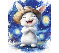 Henypt Kit Punto De Cruz Con Hilos Y Tela Impresa Lindo Conejo Blanco De Dibujos Animados Con Sombrero Cuadros En Cross Stitch Embroidery Bordar Punto De Cruz Kit Bordado Completo Esquemas Para Pri