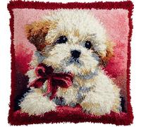 Henypt Kits de ganchos para adultos,Lindo cachorro adornado con un lazo DIY kits de alfombra de gancho y pestillo pre impresos,43x43cm funda de cojín para decoración de sofá en casa