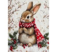 Henypt Kits de punto de cruz para adultos,Conejo con gorro de Papá Noel DIY Kits de Bordado Punto Cruz,11CT Cross Stitch Cadeaux artisanaux pour les fêtes,12x16in