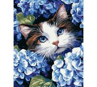 Henypt Kits de punto de cruz para adultos,Hortensias y gatos DIY Kits de Bordado Punto Cruz,11CT Cross Stitch Cadeaux artisanaux pour les fêtes,12x16in