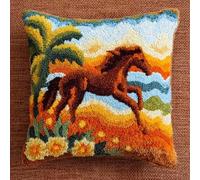 Henypt Latch Hook Pillow Kit 43x43cm,Caballos junto al mar DIY Cushion Cover for Sofa Bedroom Decor,Pre-Printed Canvas Craft Set for Adults Beginners