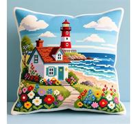 Henypt Punto de Cruz Kit Completo Bordado Almohada,Cabañas con temática floral y faros junto al mar,Funda De Almohada Bordada A Mano para Adultos y Principiantes,DIY Regalo decorativo