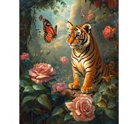 Henypt Punto De Cruz Kit Completo Esquemas 11Ct Pequeño Tigre Y Mariposa De Pie Entre Rosas Patrone Cuadro Kit Punto De Cruz Con Hilos Y Tela Impresa Impreso Completo Contado Principiantes Cross St