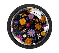 HEOEH Paquete de 4 pomos negros para gabinete, abejas de flores coloridas, manijas de armario con tornillos de 2 tamaños, agujero único redondo para cocina, tocador, armario, cómoda, muebles