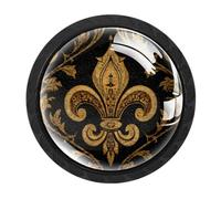 HEOEH Paquete de 4 pomos negros para gabinete, color dorado y negro, flor de lis, manijas de armario con tornillos de 2 tamaños, agujero único redondo para cocina, tocador, armario, cómoda, cómoda