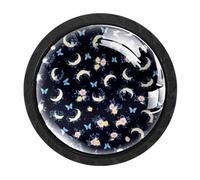 HEOEH Paquete de 4 pomos negros para gabinete, diseño de mariposa y flor de luna con tornillos de 2 tamaños, agujero único redondo para cocina, tocador, armario, cómoda, cómoda, muebles