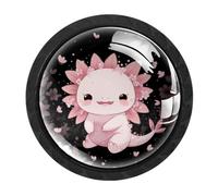 HEOEH Paquete de 4 pomos negros para gabinete, pomos de cajón con flor de cerezo Axolotl con tornillos de 2 tamaños, agujero único redondo para cocina, tocador, armario, cómoda, cómoda, muebles