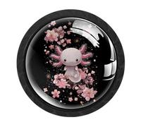 HEOEH Paquete de 4 pomos negros para gabinete, pomos de cajón con flor de cerezo Axolotl con tornillos de 2 tamaños, agujero único redondo para cocina, tocador, armario, cómoda, cómoda, muebles