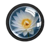 HEOEH Paquete de 4 pomos negros para gabinete, pomos de cajón de flor de loto con tornillos de 2 tamaños, agujero único redondo para cocina, tocador, armario, cómoda, muebles