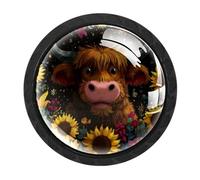HEOEH Paquete de 4 pomos negros para gabinete, pomos de cajón de girasoles de vaca de las tierras altas con tornillos de 2 tamaños, agujero único redondo para cocina, tocador, armario, cómoda, muebles