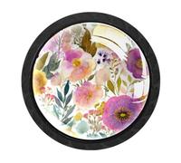 HEOEH Paquete de 4 pomos negros para gabinete, pomos de cajones de flores coloridas con tornillos de 2 tamaños, agujero redondo único para cocina, tocador, armario, cómoda, muebles