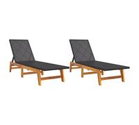 Heofavd Juego de 2 tumbonas de poliratán y madera de acacia, tumbonas de jardín con respaldo ajustable en 4 posiciones, para terraza, jardín y piscina, color negro y marrón