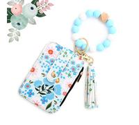 heofonm Women's Boho Beaded Wallet with Flower Pattern, Boho Style Beaded Tassel Keychain Wallet, Fashionable Credit Card Holder Purse (#8 Light Blue)