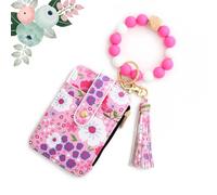 heofonm Women's Boho Beaded Wallet with Flower Pattern, Boho Style Beaded Tassel Keychain Wallet, Fashionable Credit Card Holder Purse (#2 Rose Red)