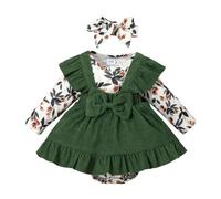 HEOXIN Bebé Niña Nacido Ropa Conjunto Otoño Bebe Body Manga Larga Floral Estampado Top + Pana Falda con Tirantes Lazo + Diademas 3 Piezas Set, para Recién 3-6 Meses Invierno, Verde