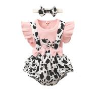 HEOXIN Bebé Niña Ropa, Conjunto Bebé Nacido Ropa de Manga Corta con Volantes Edge Tiny Baby Outfit, Vaca Imprimir Botón Estiramiento Tirantes Pantalones Cortos Recién Nacido, Rosa, 12-18 Meses