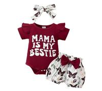 HEOXIN Bebé Niña Ropa, Conjunto Bebé Nacido Ropa Manga Corta con Borde Volantes Snap Botón de la Entrepierna, Mariposa Conjunto de Ropa de Niña Recién Nacida Elástica Cinta Cabeza, Rojo, 6-9 Meses