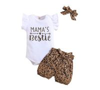 HEOXIN Bebé Niña Ropa Set, Ropa de recién nacido Ruffle Body de manga corta Bowknot Elastic Waist Leopard Print Shorts Snap Button Crotch Headband Summer Tiny Girls Outfit, Marrón, 6-9 Meses