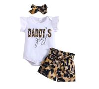 HEOXIN Bebé Niña Ropa Set, Ropa de recién nacido Ruffle Body de manga corta Bowknot Elastic Waist Tie-Dye Leopard Print Shorts Snap Button Crotch Headband Summer Tiny Girls Outfit Marrón 9-12 Meses